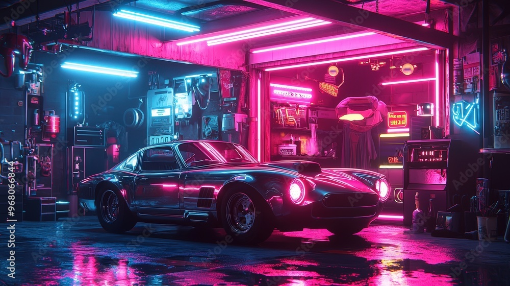 A retro sports car is parked in a garage illuminated by vibrant neon lights, creating a lively ambiance in the evening. Tools and memorabilia fill the background, adding character A retro sports car is parked in a garage illuminated by vibrant neon lights, creating a lively ambiance in the evening. Tools and memorabilia fill the background, adding character