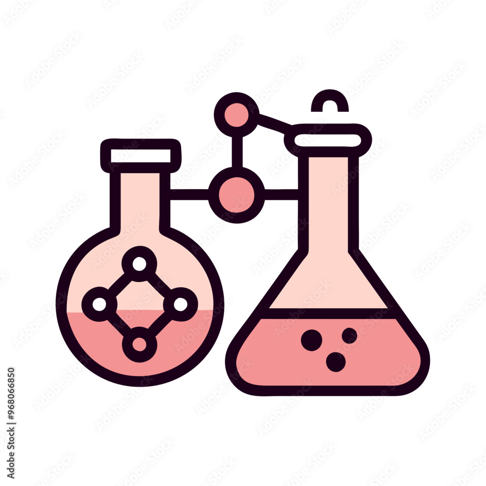 Chemistry flasks in pink with bubbles representing scientific experiments Chemistry flasks in pink with bubbles representing scientific experiments