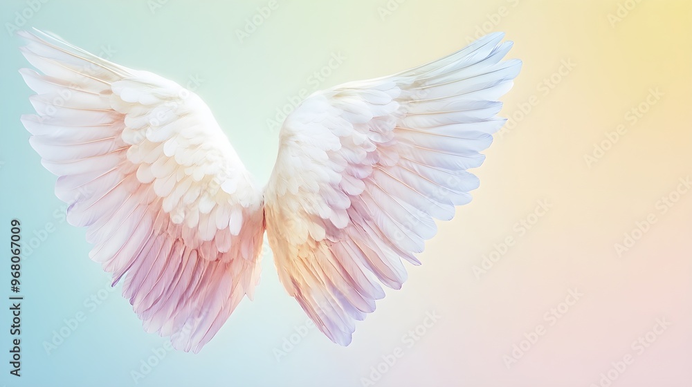 Fototapeta premium A pair of angel wings spread wide against a soft pastel background, showcasing intricate feather details