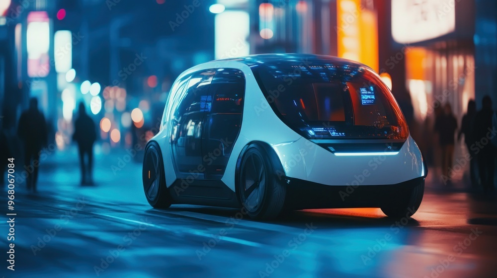 Naklejka premium Futuristic White Electric Car Driving at Night in a City