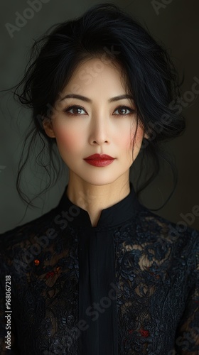 A classic portrait of asian young woman in a black lace dress exuding elegance and grace. Her composed and serious expression highlights her dignified and refined demeanor in the shot.