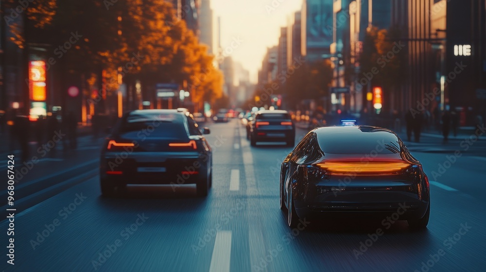 Black Car Driving on a City Street at Dusk Black Car Driving on a City Street at Dusk