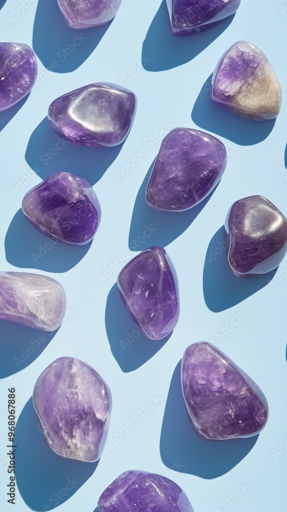 Polished purple gemstones on light blue background, showcasing elegance and simplicity Polished purple gemstones on light blue background, showcasing elegance and simplicity