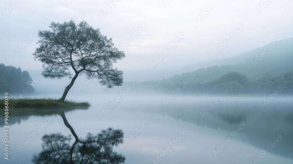 A tree stands tall, shrouded in morning mist, beside a calm lake. A tree stands tall, shrouded in morning mist, beside a calm lake.