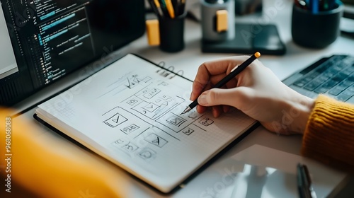 A hand sketching ideas on a notepad with a minimalistic workspace in the background