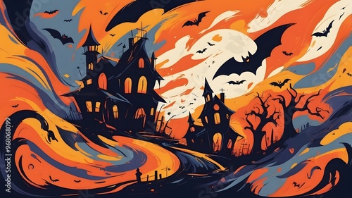 Abstract expressionist interpretation of Halloween, energetic brushstrokes, bold colors, haunting mood perfect for Halloween