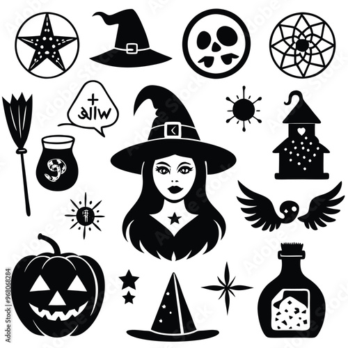 halloween set. pumpkin, skull, broom, headstone, spider, cobweb, crows, dead man's hand, witch hat, cauldron, bats. silhouette graphics. vector