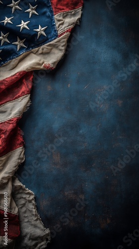 Ragged American flag on dark blue textured background
