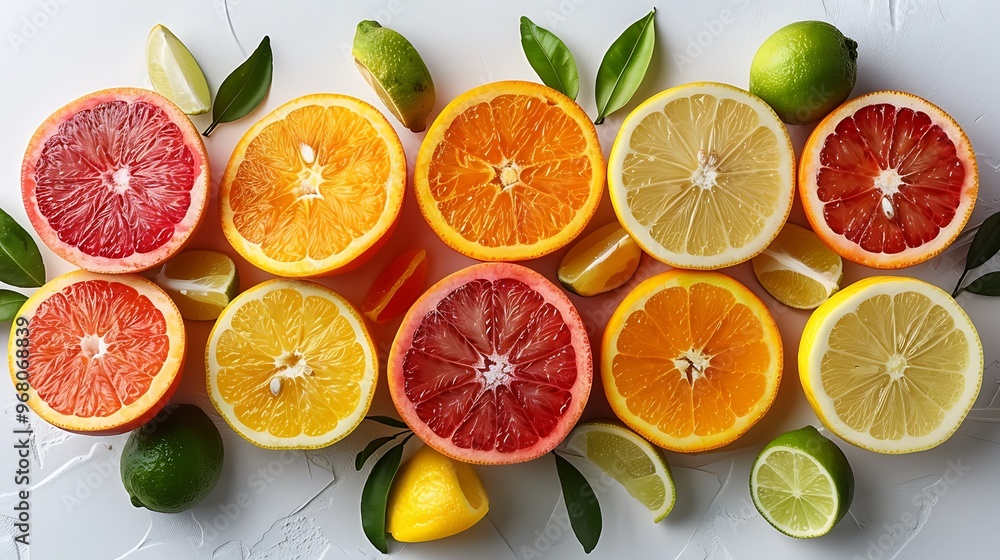A mix of sliced oranges, lemons, and limes arranged on isolated white background A mix of sliced oranges, lemons, and limes arranged on isolated white background