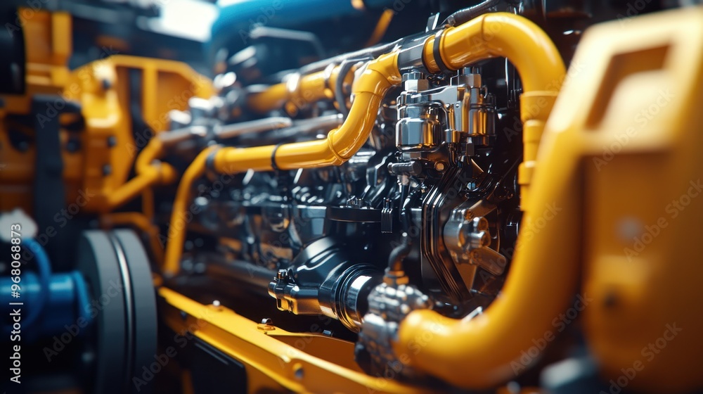 Close-up of a Shiny Yellow Engine with Chrome Components