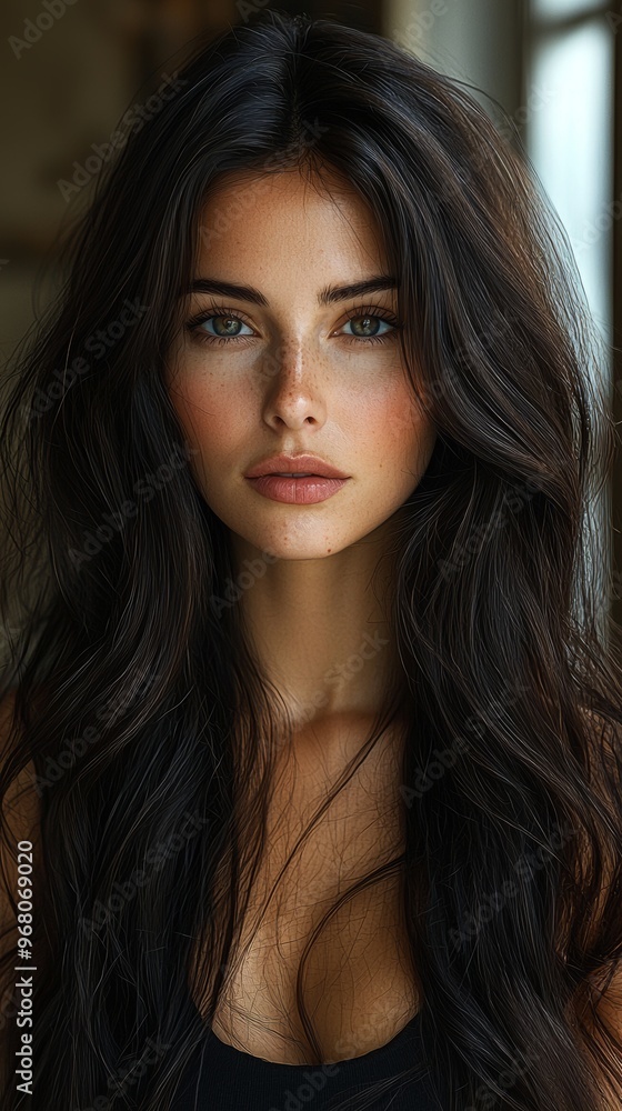 An elegant and stylish portrait of a woman with dark wavy hair, compelling blue eyes, and subtle makeup. She gazes directly at the camera, exuding confidence and an enigmatic quality, captured beauti An elegant and stylish portrait of a woman with dark wavy hair, compelling blue eyes, and subtle makeup. She gazes directly at the camera, exuding confidence and an enigmatic quality, captured beauti