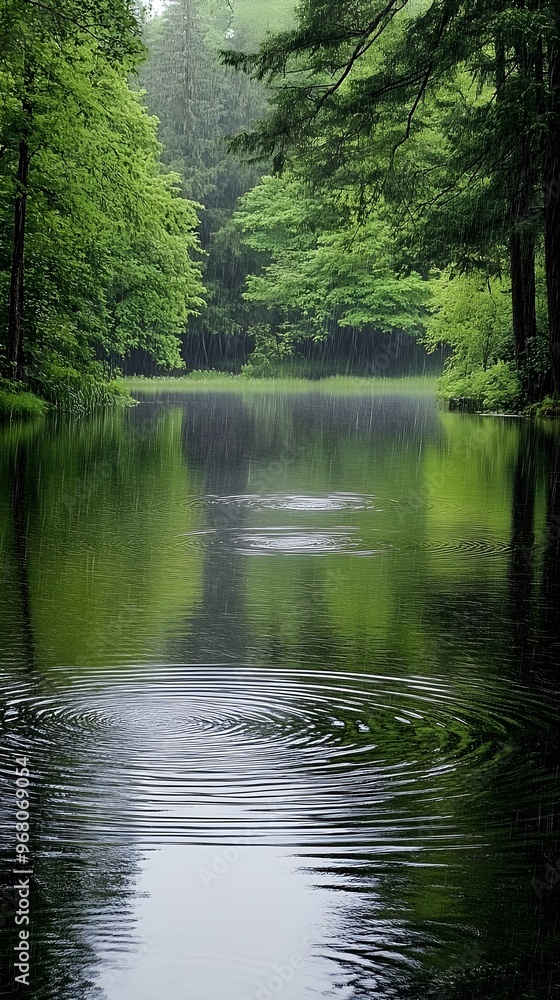 A picturesque landscape featuring a serene lake surrounded by trees, with gentle rain creating ripples on the water's surface A picturesque landscape featuring a serene lake surrounded by trees, with gentle rain creating ripples on the water's surface