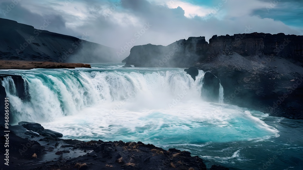 A Powerful Waterfall Plunging into a Rocky Basin in the Wilderness A Powerful Waterfall Plunging into a Rocky Basin in the Wilderness