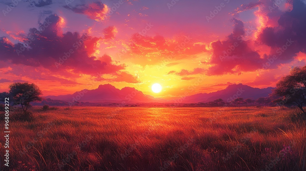 A vibrant sunset over a grassy landscape with mountains in the background. A vibrant sunset over a grassy landscape with mountains in the background.