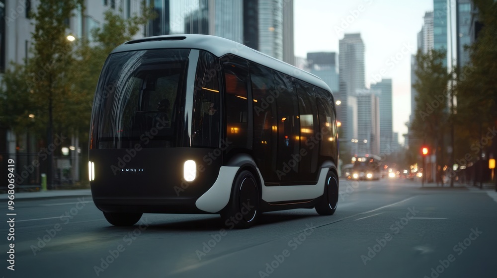 Obraz premium Autonomous Electric Shuttle Bus Driving on City Street at Dusk