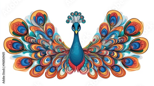 Colorful 2D cartoon illustration of an ornamental peacock design photo