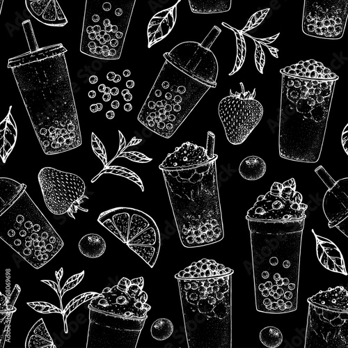 Bubble tea seamless pattern. Hand drawn vector illustration. Bubble tea sketch. Design template.