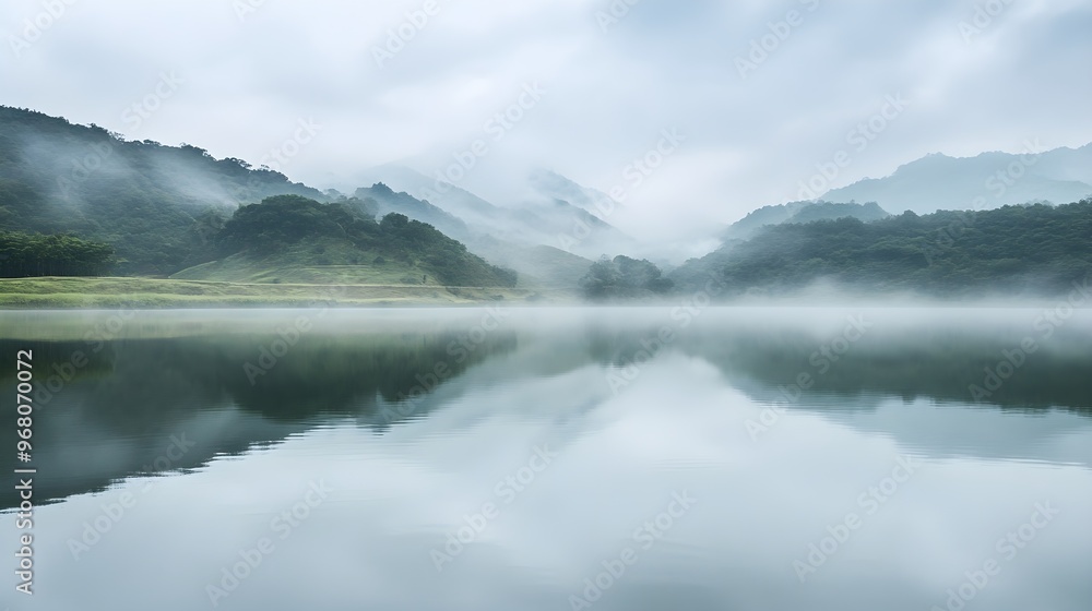 A tranquil lake reflecting the overcast sky typical of the wet season, surrounded by verdant hills and mist, with ample copy space A tranquil lake reflecting the overcast sky typical of the wet season, surrounded by verdant hills and mist, with ample copy space