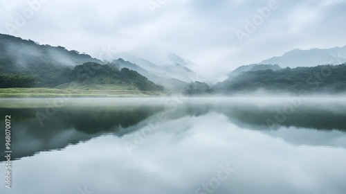 A tranquil lake reflecting the overcast sky typical of the wet season, surrounded by verdant hills and mist, with ample copy space