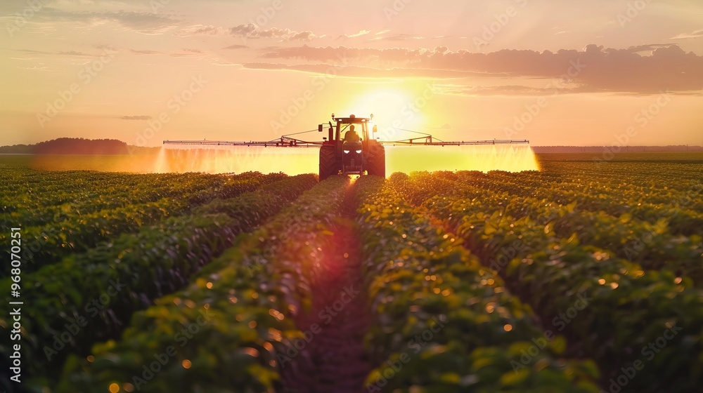 Fototapeta premium Tractor Spraying Crops in a Field at Sunset, Generative AI