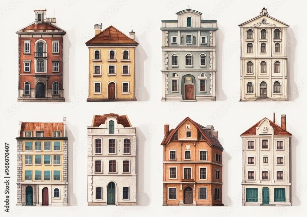 Fototapeta premium Linear 2D and 3D cartoon style illustrations of architectural buildings