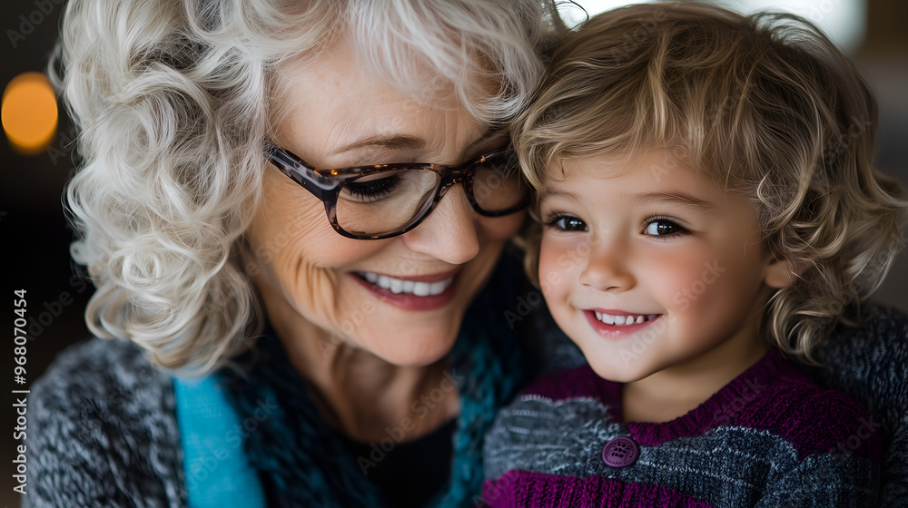 potrait of grandmother and toddler grandchild in her arms; potrait of grandmother and toddler grandchild in her arms;