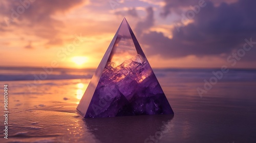 A slender, pyramidal amethyst crystal monument stands tall on the sun-kissed beach. Behind it, the sun dips below the horizon, casting a warm glow over the tranquil scene photo