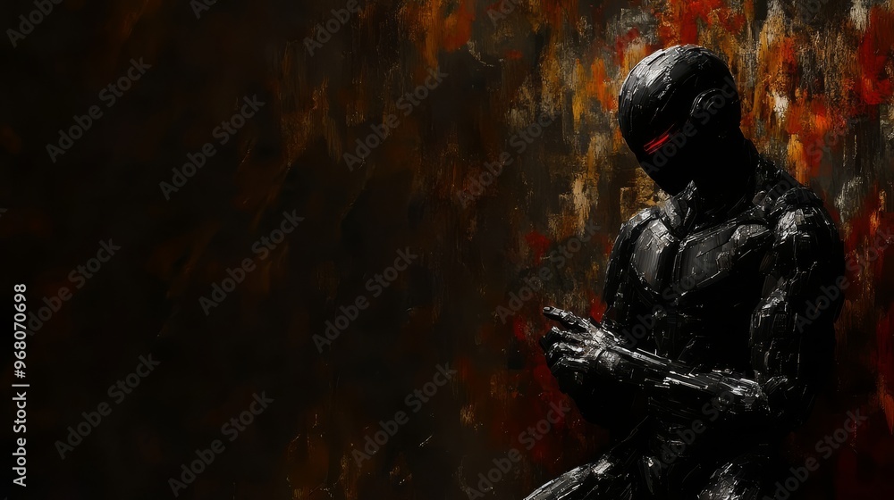 A sleek robot contemplates quietly surrounded by dynamic colorful textures A sleek robot contemplates quietly surrounded by dynamic colorful textures