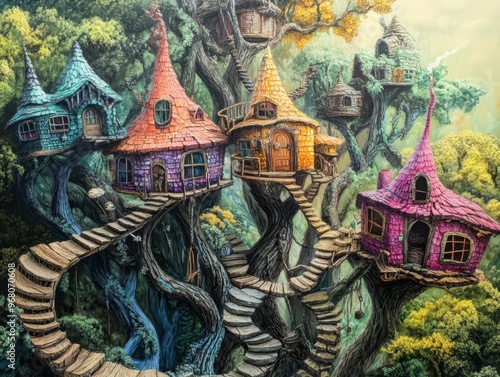 A whimsical treehouse village featuring colorful, fairy-tale-inspired homes perched on intertwined branches in a lush forest setting.