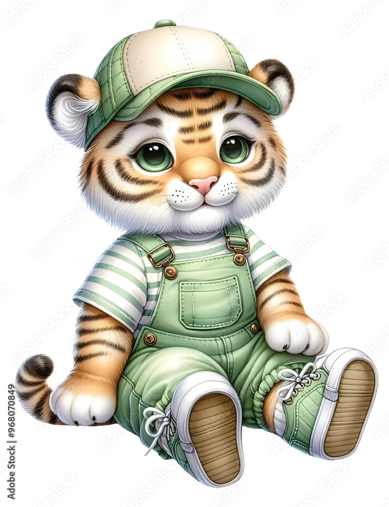 Cute baby tiger dressed in green jumpsuit sitting Cute baby tiger dressed in green jumpsuit sitting