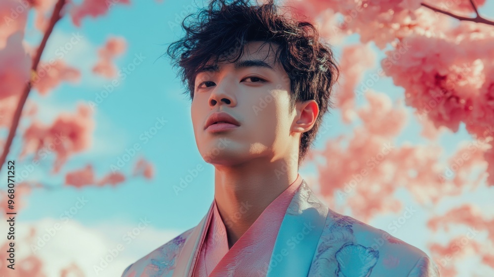 Fototapeta premium Young Man in Traditional Clothing Posing Against a Background of Pink Cherry Blossoms