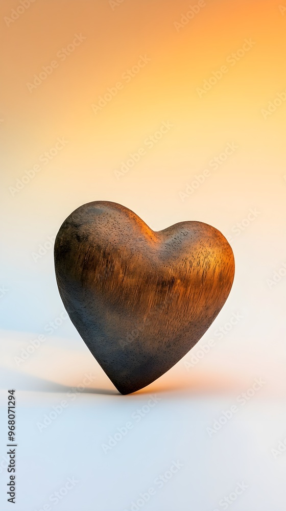 Fototapeta premium A heart-shaped object made from natural materials like wood or stone, placed on a light gradient background that adds warmth