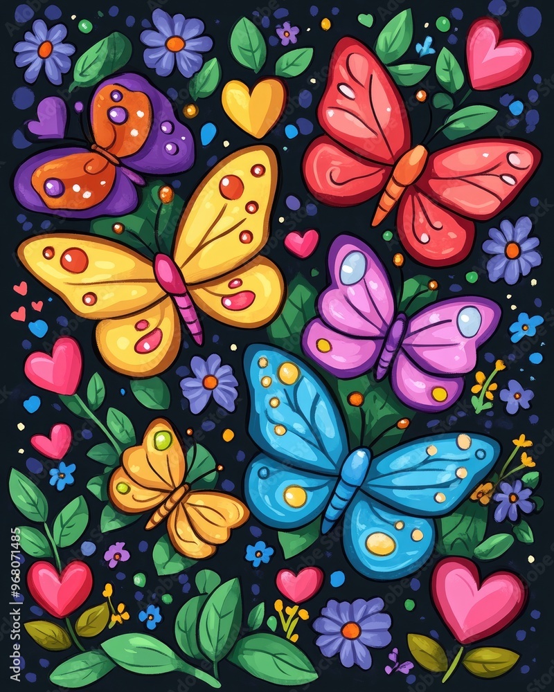 Colorful butterflies surrounded by flowers and hearts in a whimsical 2D cartoon illustration Colorful butterflies surrounded by flowers and hearts in a whimsical 2D cartoon illustration