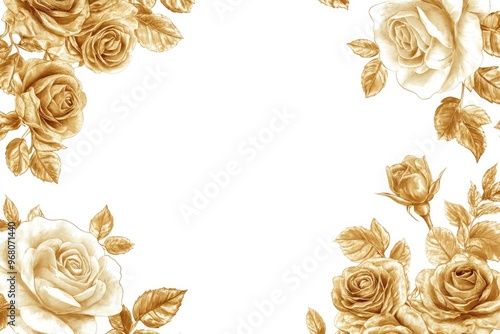 Fototapeta Naklejka Na Ścianę i Meble -  Square vintage frame featuring a 2D cartoon illustration of hand drawn gold roses and leaves against a white background ideal for decorative greeting cards invitations and similar uses