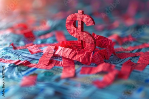 Red dollar sign on top of a pile of money photo