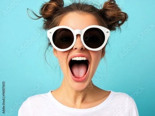 Young woman wearing sunglasses shouting with open mouth