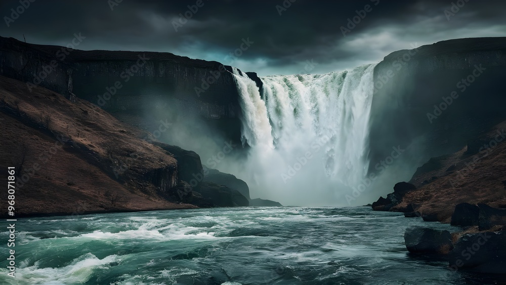 Obraz premium A Dramatic Multi-Tiered Waterfall Plunging Down a Cliffside Gorge