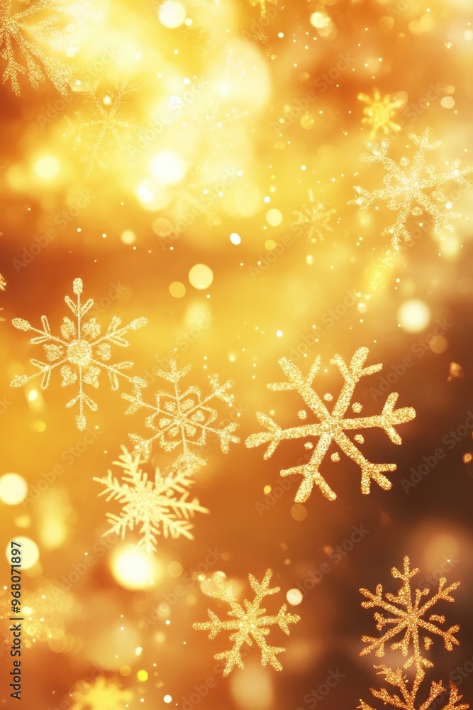 Christmas themed background featuring a mix of large and small falling snowflakes in shades of yellow enhanced by a beautiful bokeh effect Christmas themed background featuring a mix of large and small falling snowflakes in shades of yellow enhanced by a beautiful bokeh effect