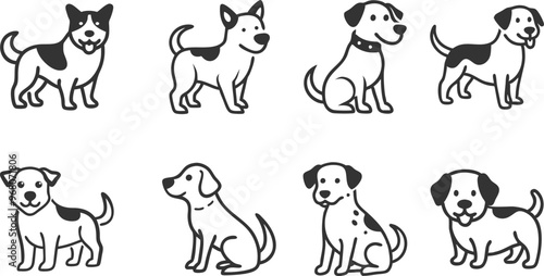 A series of cartoon dogs are sitting and standing in a row