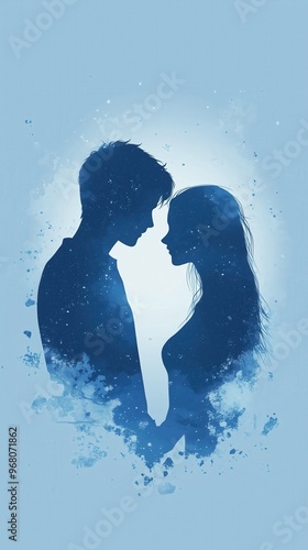 Wallpaper Mural Una pareja mirándose, fondo degradado azul claro, el personaje sólo tiene la cabeza, ambiente romántico, amor Torontodigital.ca