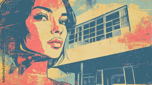 Wallpaper Mural Illustration of a Closed School with Female Portrait Torontodigital.ca