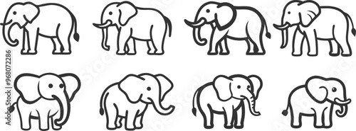 A series of black and white elephant drawings