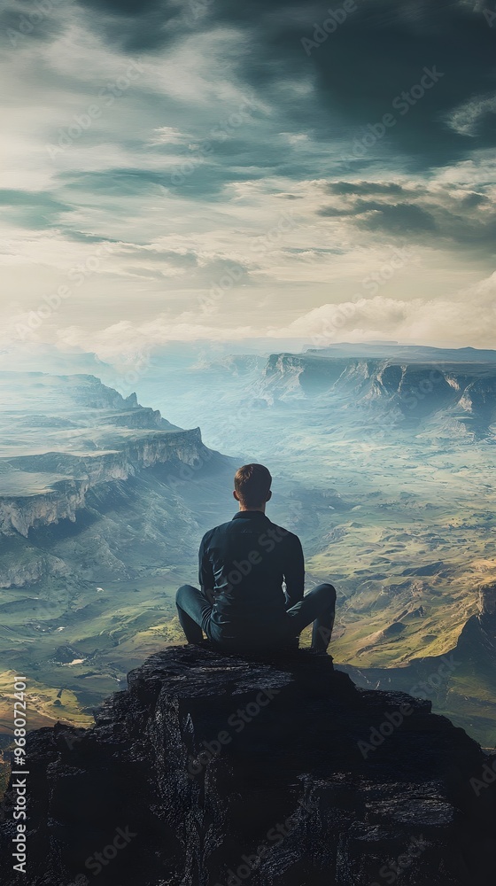 Obraz premium A man looking out over a vast landscape, representing a journey of self-discovery and the essence of being free