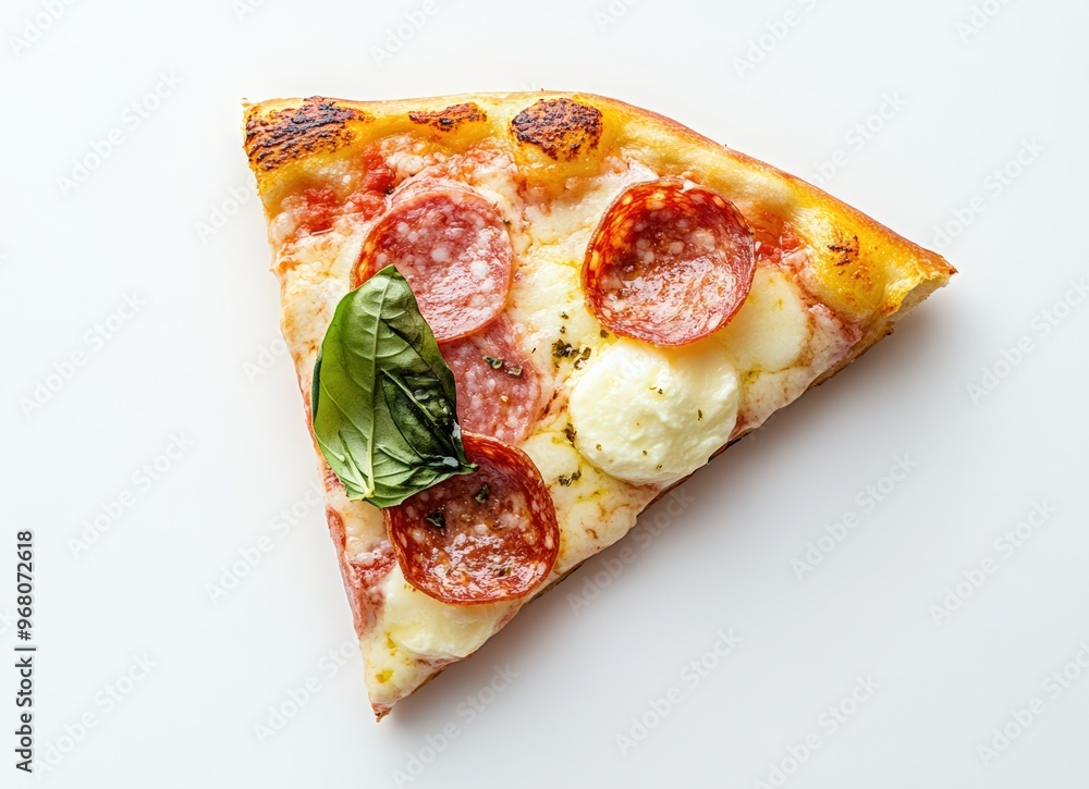 Colorful pizza with mozzarella, meat, and basil on a white background Colorful pizza with mozzarella, meat, and basil on a white background