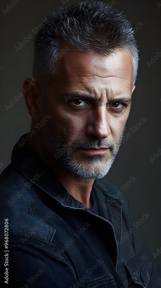 Obraz premium A mature man with a rugged look, featuring a strong jawline and deep-set eyes, captured in soft lighting on a plain background
