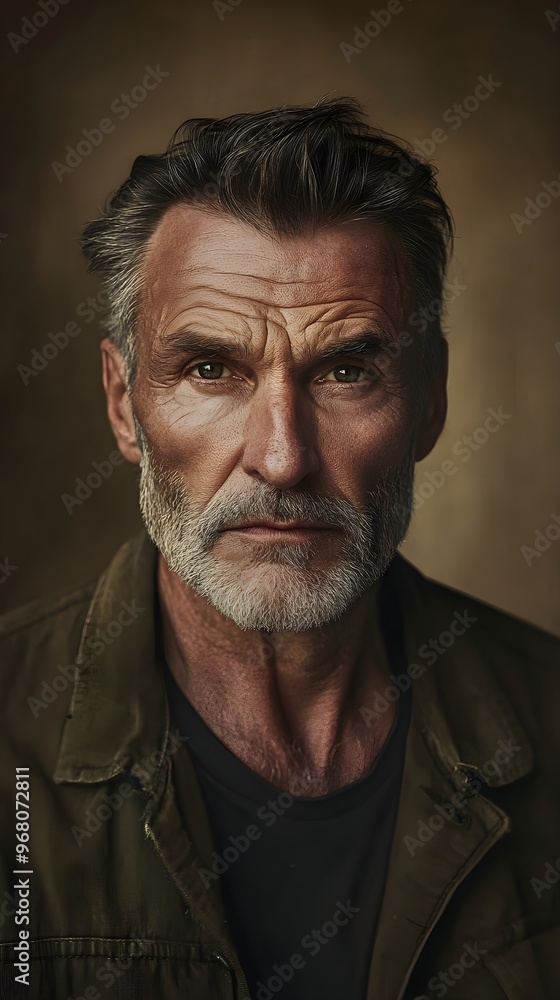 A mature man with a rugged look, featuring a strong jawline and deep-set eyes, captured in soft lighting on a plain background A mature man with a rugged look, featuring a strong jawline and deep-set eyes, captured in soft lighting on a plain background