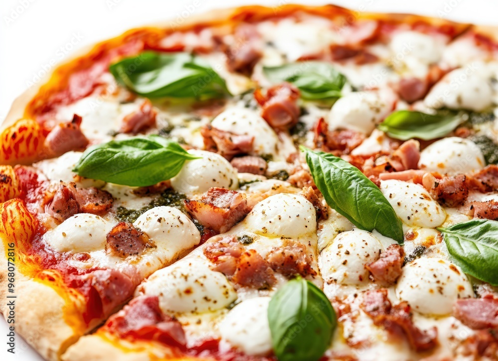 Colorful pizza with mozzarella, meat, and basil on a white background