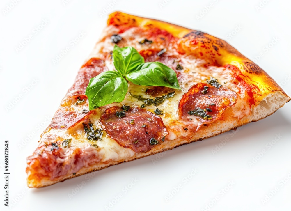Colorful pizza with mozzarella, meat, and basil on a white background Colorful pizza with mozzarella, meat, and basil on a white background