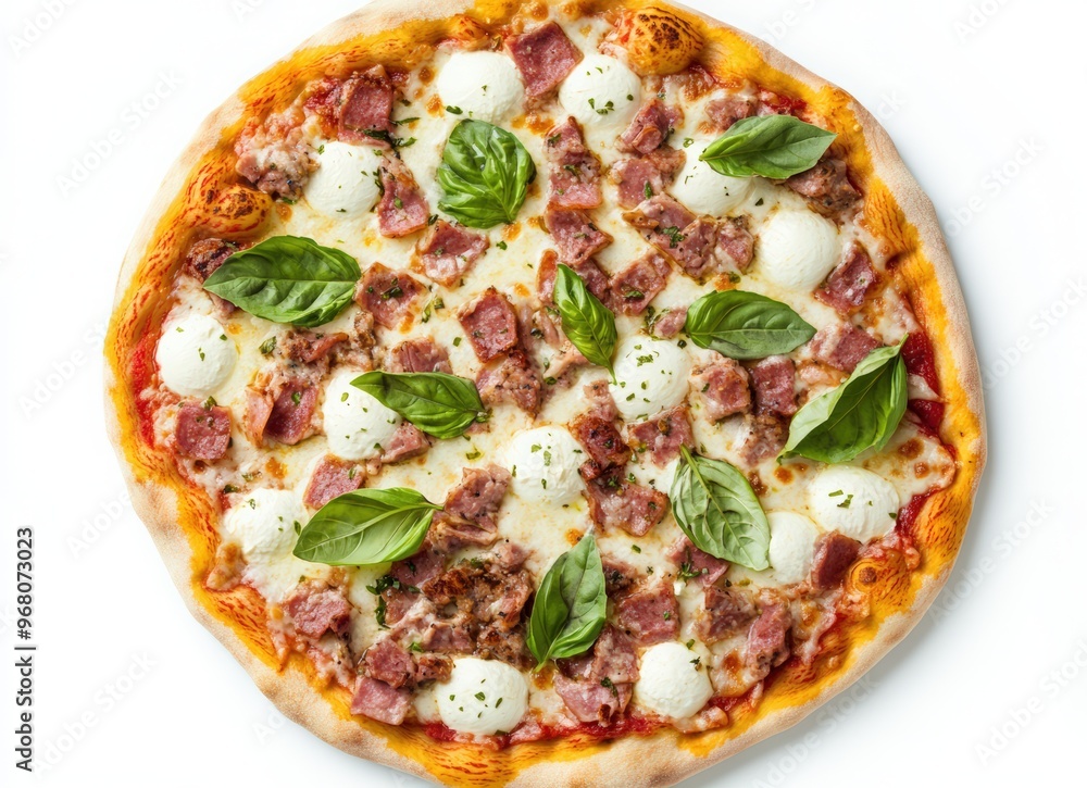 Colorful pizza with mozzarella, meat, and basil on a white background Colorful pizza with mozzarella, meat, and basil on a white background