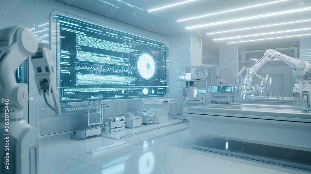 High-Tech Laboratory with Robotic Arms and Digital Interface, Generative AI High-Tech Laboratory with Robotic Arms and Digital Interface, Generative AI